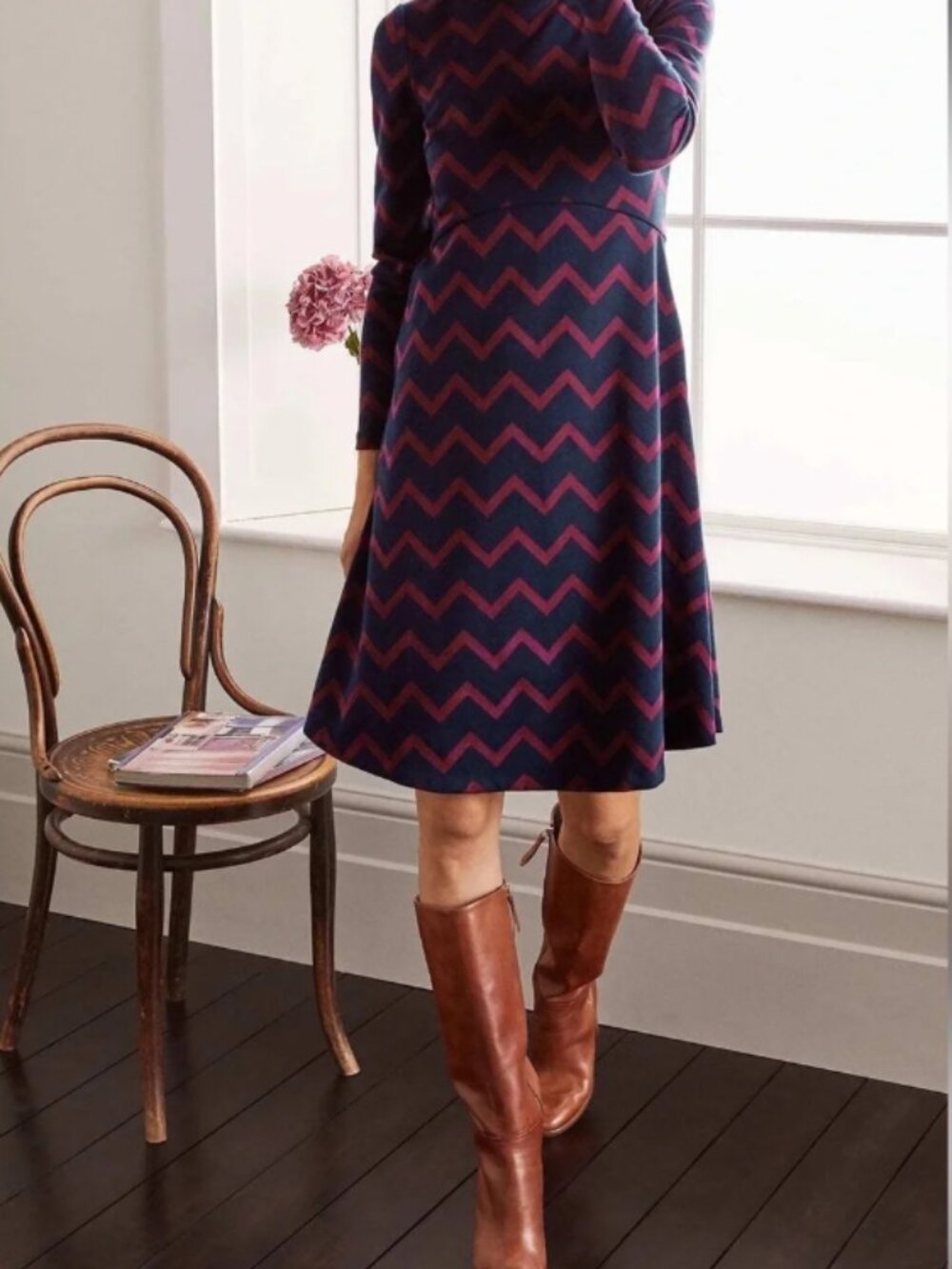 Boden Annie Chevron Pattern Long Sleeve Crew Neck Midi Dress, Size US 12P